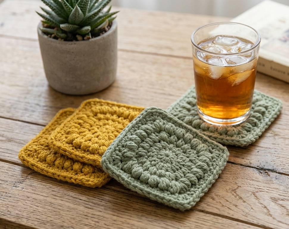 Mustard & Sage Bobble Crochet Coaster Set