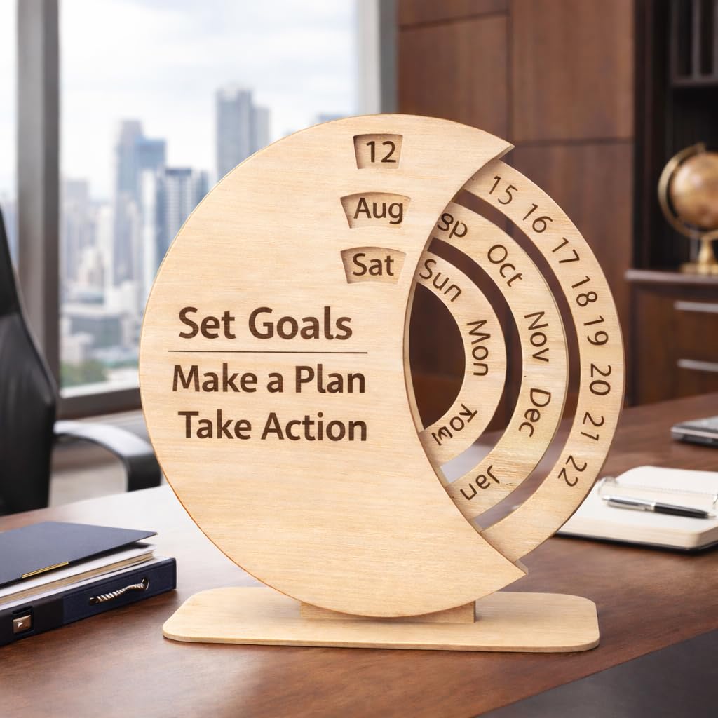 Premium Wooden Perpetual Desk Calendar with Rotating Date & Month Rings